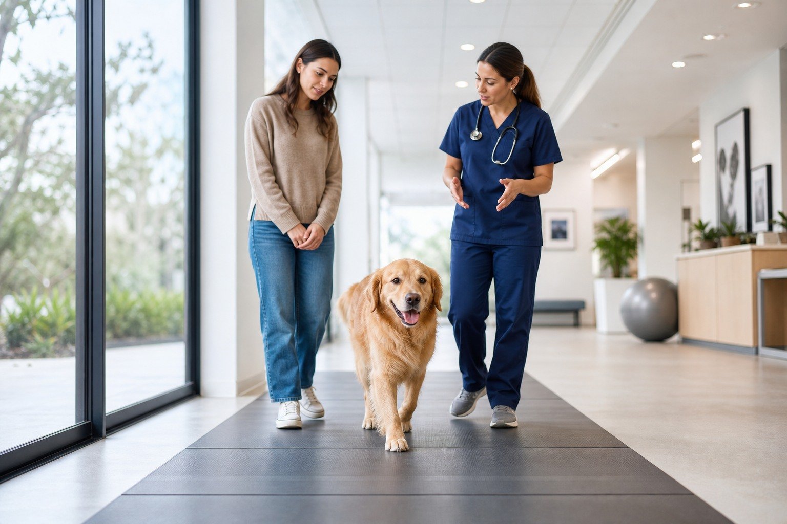 A first-time dog owner observes a dog walking naturally while a veterinarian discusses baseline movement in a bright mobility lane.