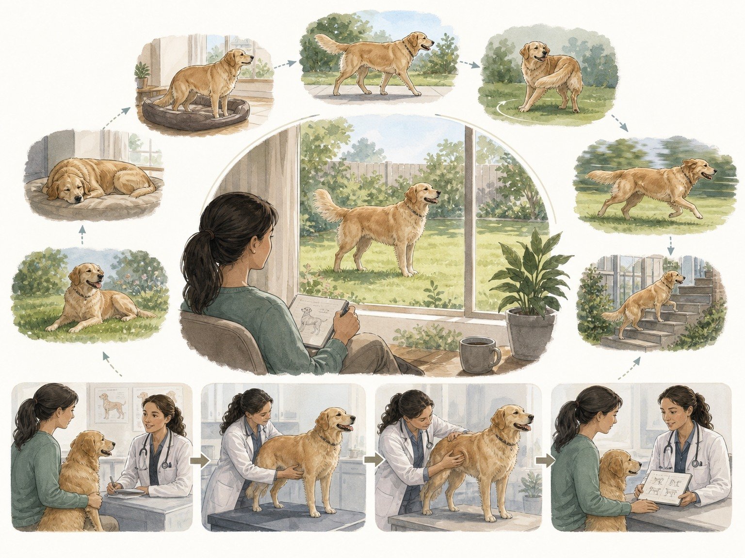 A text-free joint-health baseline shows the same dog rising, walking, turning, running, using stairs, playing, resting, recovering, and receiving veterinary assessment.