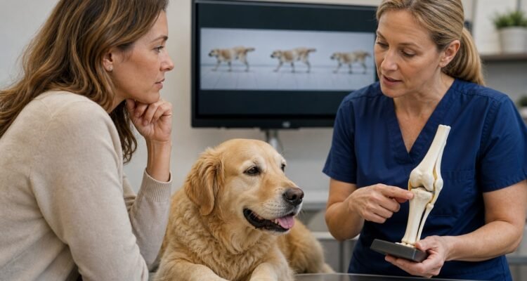 A dog owner asks questions while a veterinarian reviews a neutral movement sequence and simple joint model beside a comfortable dog.