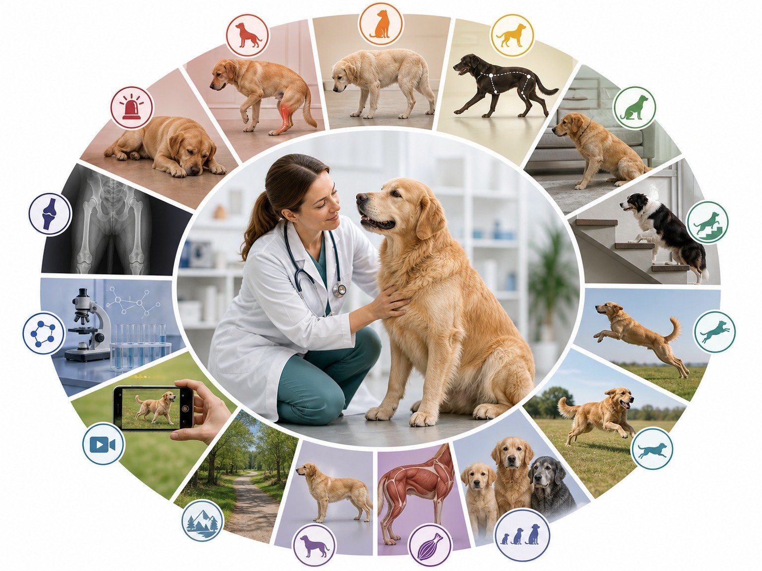 A text-free joint-health FAQ wheel connects gait, stiffness, rising, stairs, activity, life stage, body and muscle condition, environment, video, evidence, diagnostics, urgency, and veterinary review.