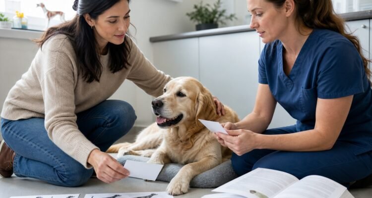 A veterinarian and owner compare neutral joint-health claim cards with mobility observations and authoritative evidence beside a relaxed dog.