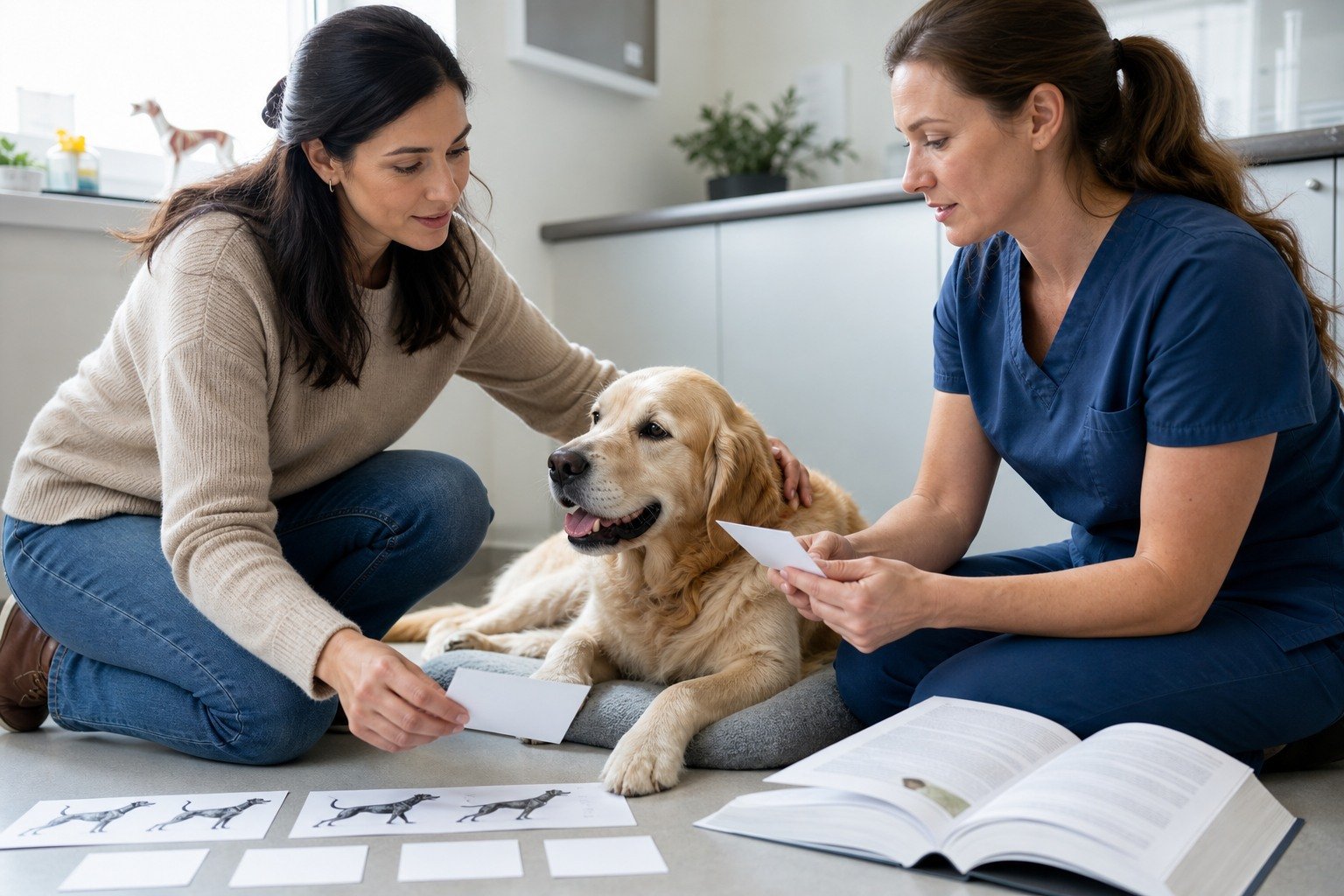 A veterinarian and owner compare neutral joint-health claim cards with mobility observations and authoritative evidence beside a relaxed dog.