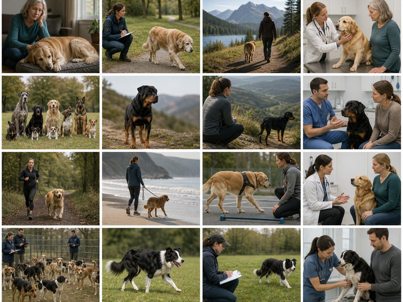 A text-free joint-health myth framework uses dog population, individual movement, activity, evidence observation, uncertainty, and veterinary-context scenes without products.
