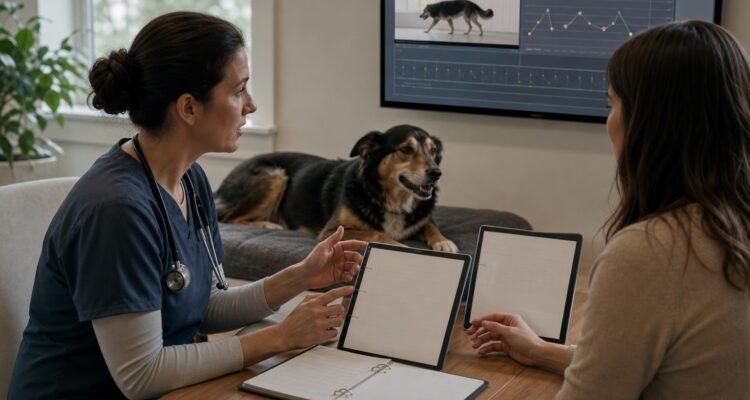 An owner and veterinarian collaborate over safe natural-movement video, mobility timeline, home context, blank treatment records, and follow-up plan while a dog rests.