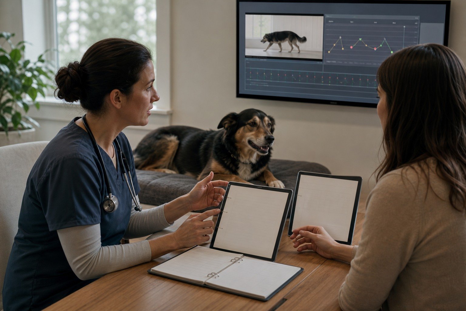An owner and veterinarian collaborate over safe natural-movement video, mobility timeline, home context, blank treatment records, and follow-up plan while a dog rests.