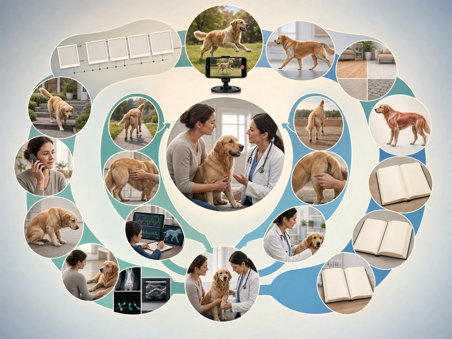 A text-free circular joint-health communication pathway connects natural movement, function, home surfaces, body and muscle condition, examination, options, monitoring, warning signs, phone follow-up, and reassessment.