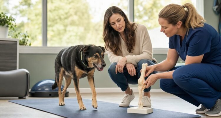 A dog owner and veterinarian observe natural gait beside an unlabeled canine joint model in a bright mobility room.