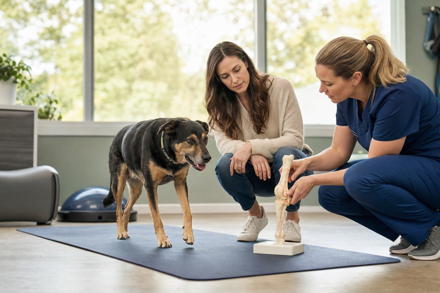 A dog owner and veterinarian observe natural gait beside an unlabeled canine joint model in a bright mobility room.