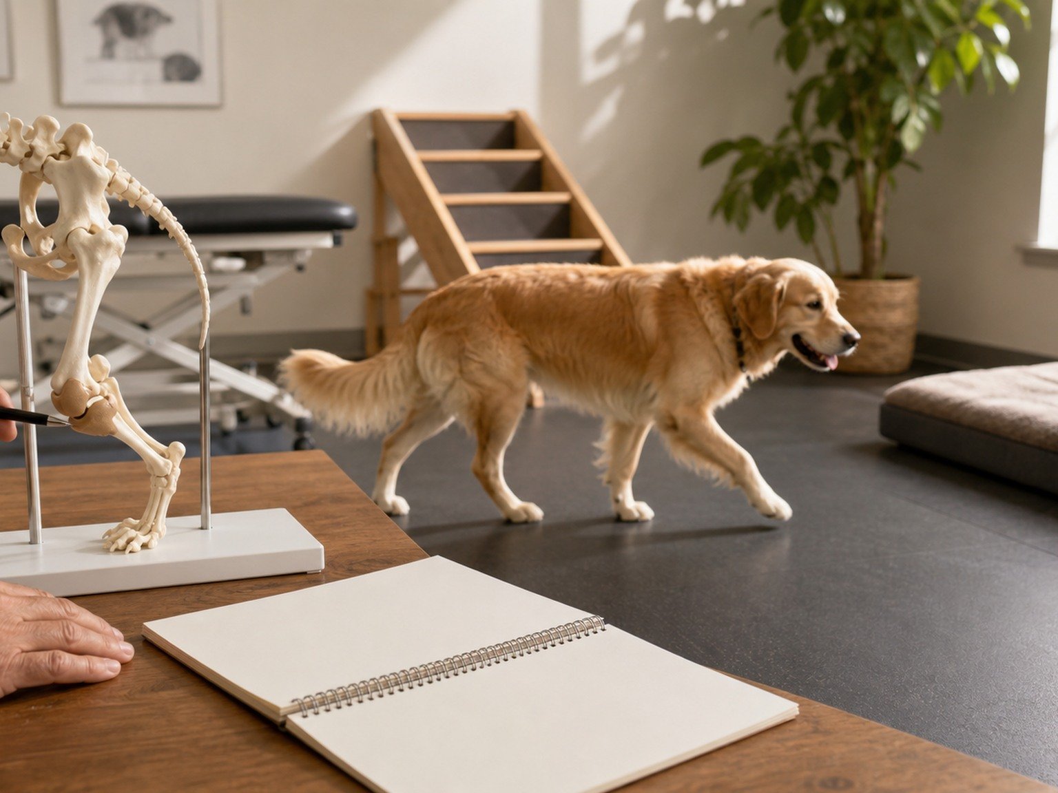 A text-free joint glossary scene connects canine joint anatomy, natural movement, home surfaces, a blank observation notebook, and veterinary assessment.