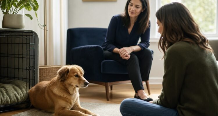 A first-time dog owner sits at a respectful distance while a behavior professional observes a relaxed newly adopted dog beside an open retreat.