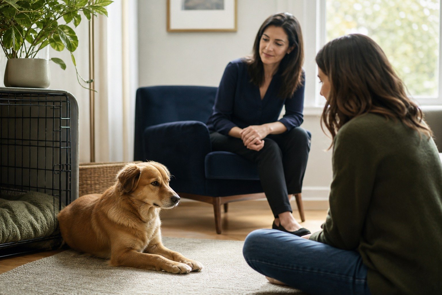 A first-time dog owner sits at a respectful distance while a behavior professional observes a relaxed newly adopted dog beside an open retreat.