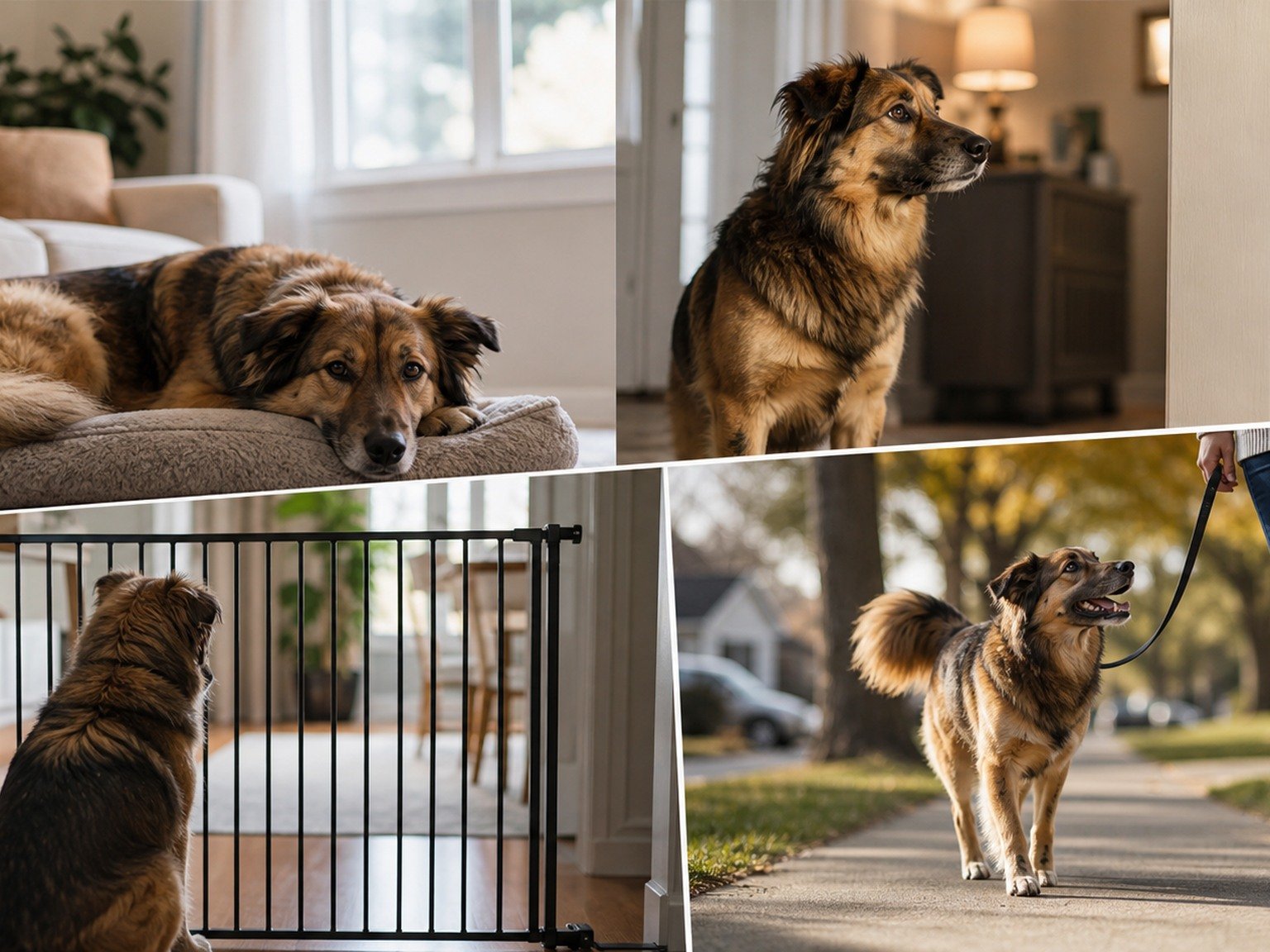 A text-free behavior baseline shows the same dog resting, noticing a sound, choosing distance behind a gate, and walking calmly outdoors.
