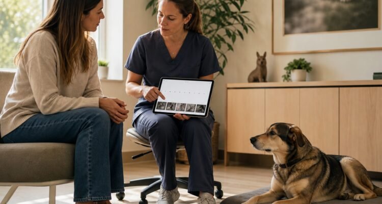 An owner and veterinary professional review a neutral behavior timeline beside a comfortable dog with freedom of movement.