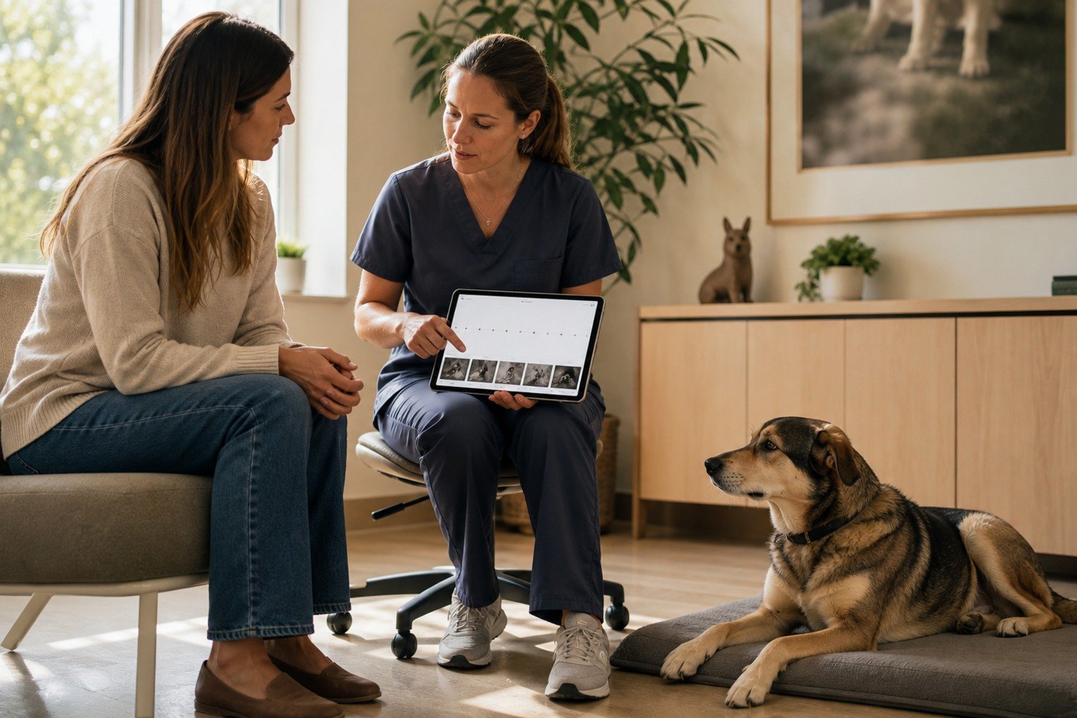 An owner and veterinary professional review a neutral behavior timeline beside a comfortable dog with freedom of movement.