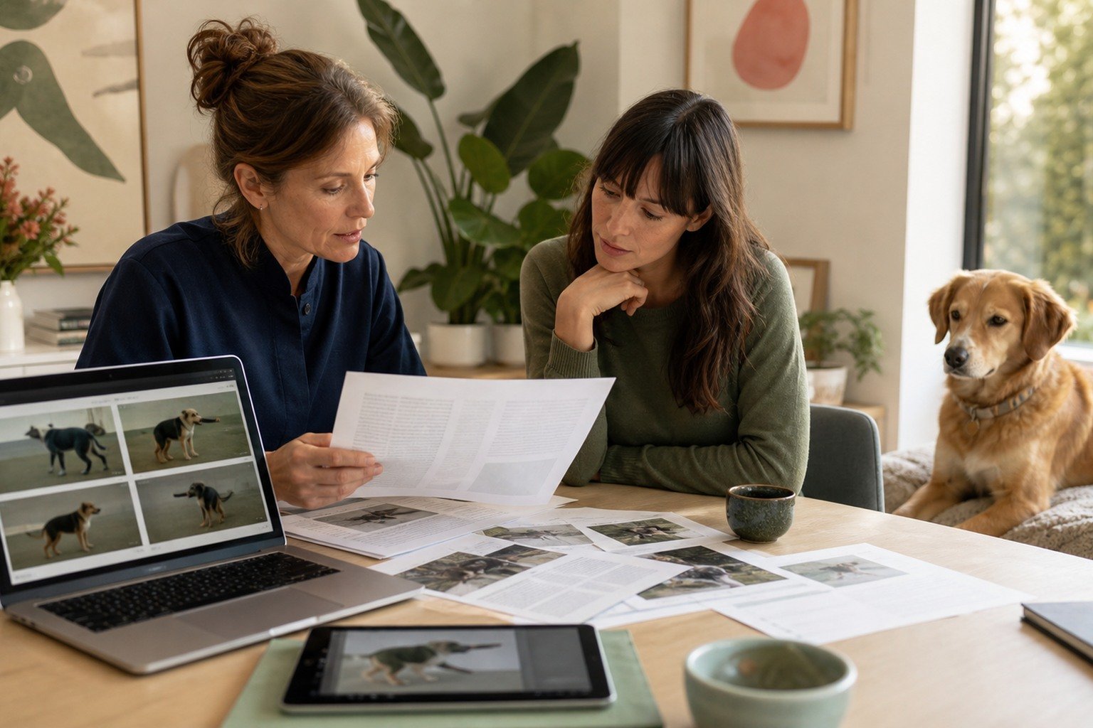 A veterinary behavior professional and owner compare research materials and natural canine body-language footage beside a relaxed dog.
