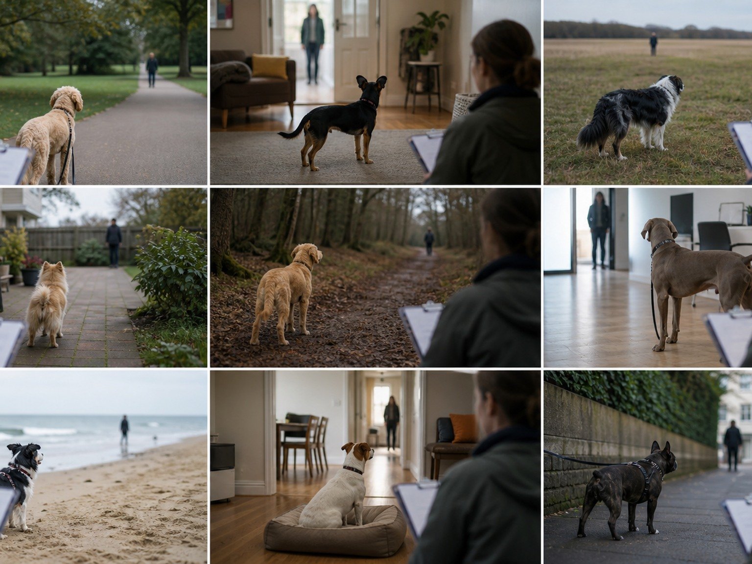 A text-free evidence grid shows different dogs responding differently to ordinary distant stimuli in calm settings.