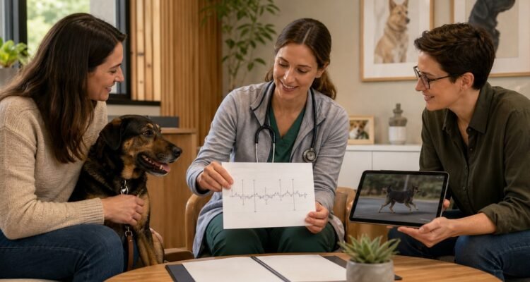 An owner, veterinarian, and behavior professional collaborate over a neutral timeline and video while a dog rests comfortably.