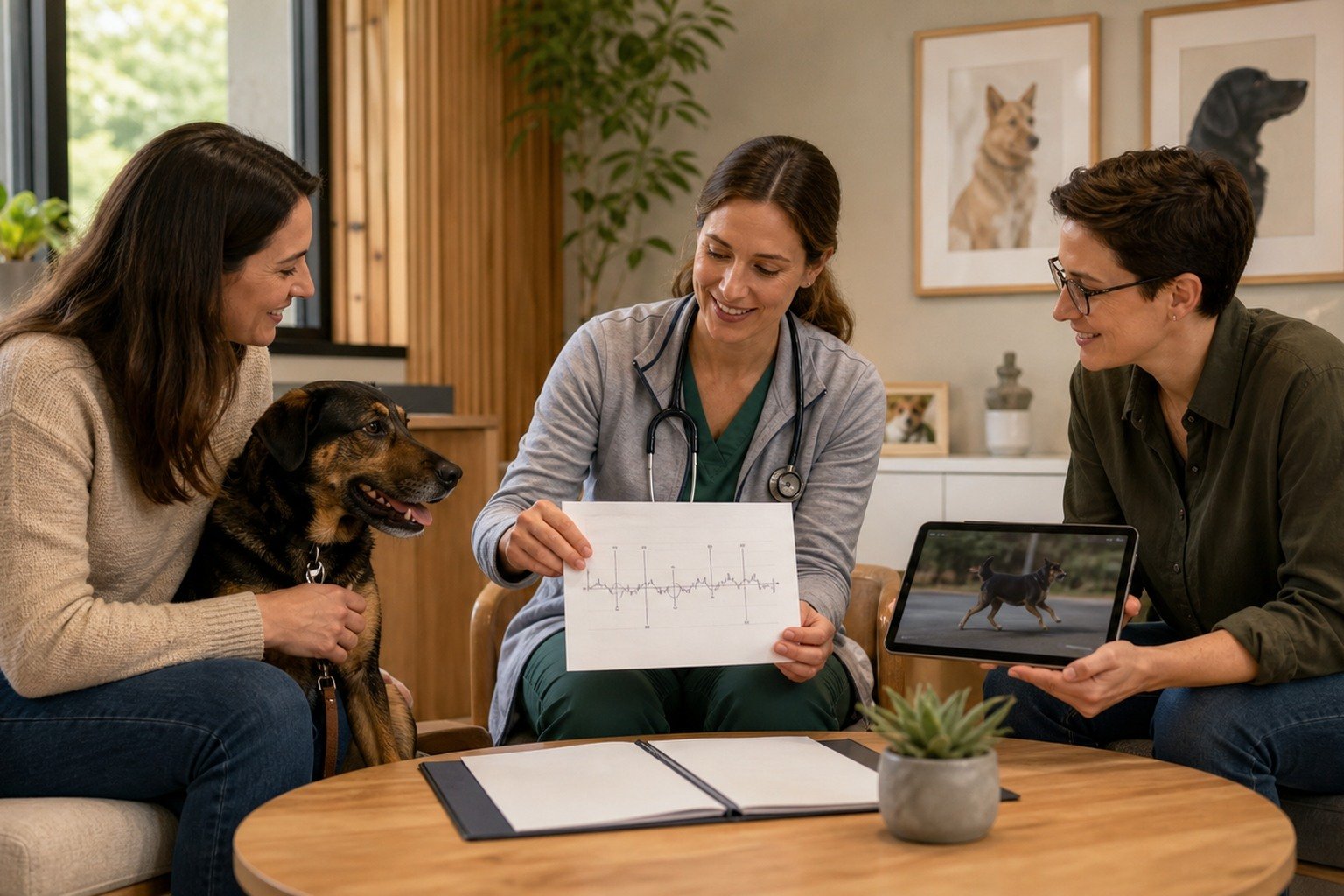 An owner, veterinarian, and behavior professional collaborate over a neutral timeline and video while a dog rests comfortably.