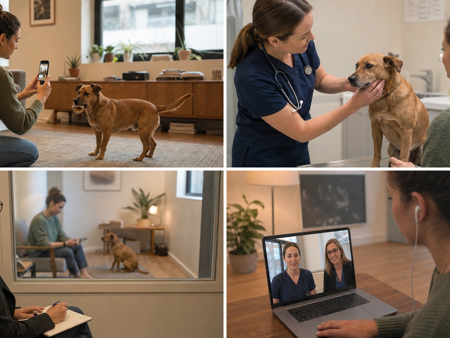 A text-free care sequence shows safe home observation, gentle veterinary examination, behavior assessment, and team follow-up.