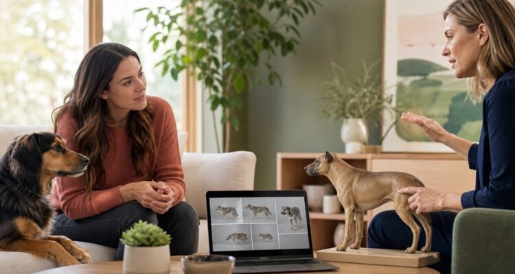 An owner and veterinary behavior professional review neutral canine body-language footage beside a relaxed dog and an unlabeled posture model.