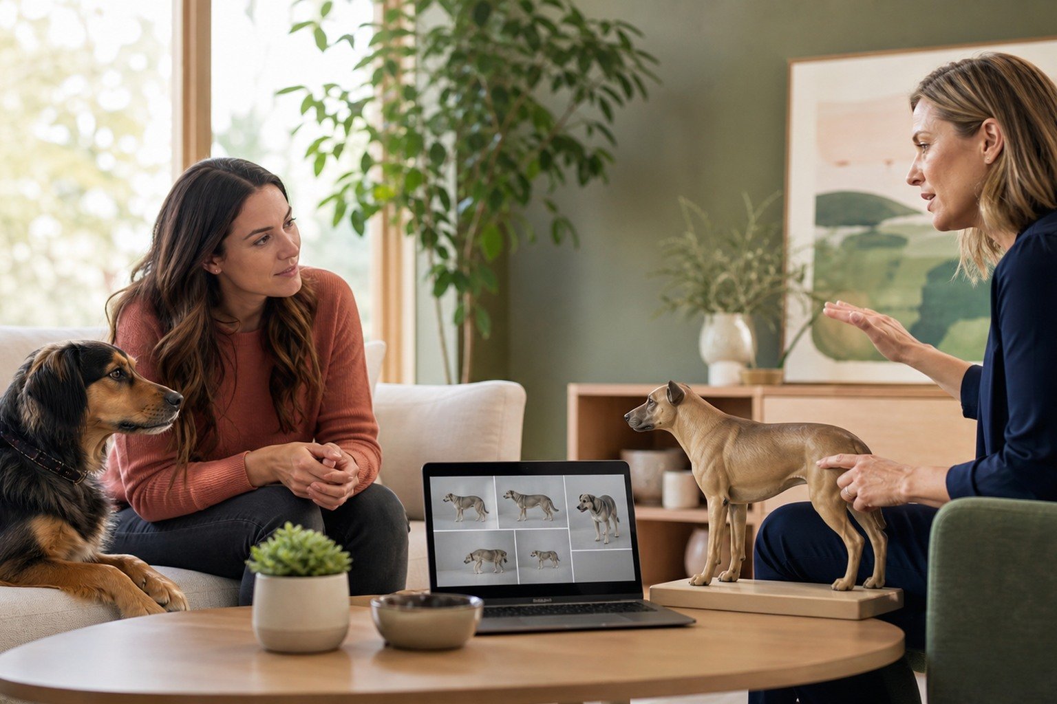 An owner and veterinary behavior professional review neutral canine body-language footage beside a relaxed dog and an unlabeled posture model.