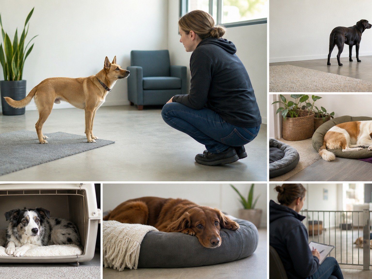 A text-free dog behavior atlas shows orientation, distance seeking, relaxed rest, recovery, a safe barrier, and professional observation.
