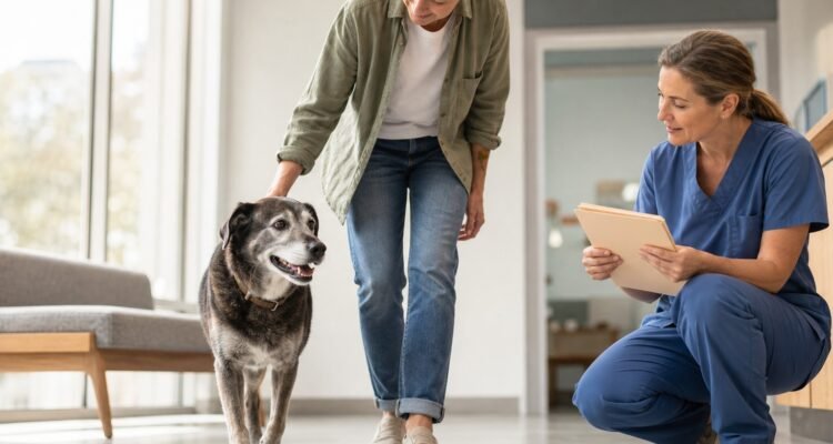 A gray-muzzled dog walks naturally beside its owner while a veterinarian observes movement in a bright clinic.