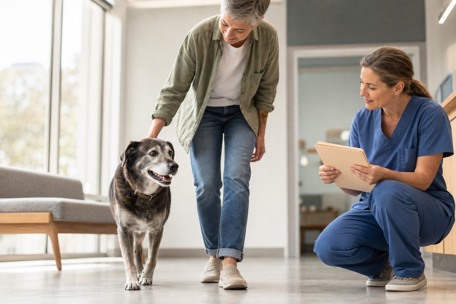 A gray-muzzled dog walks naturally beside its owner while a veterinarian observes movement in a bright clinic.