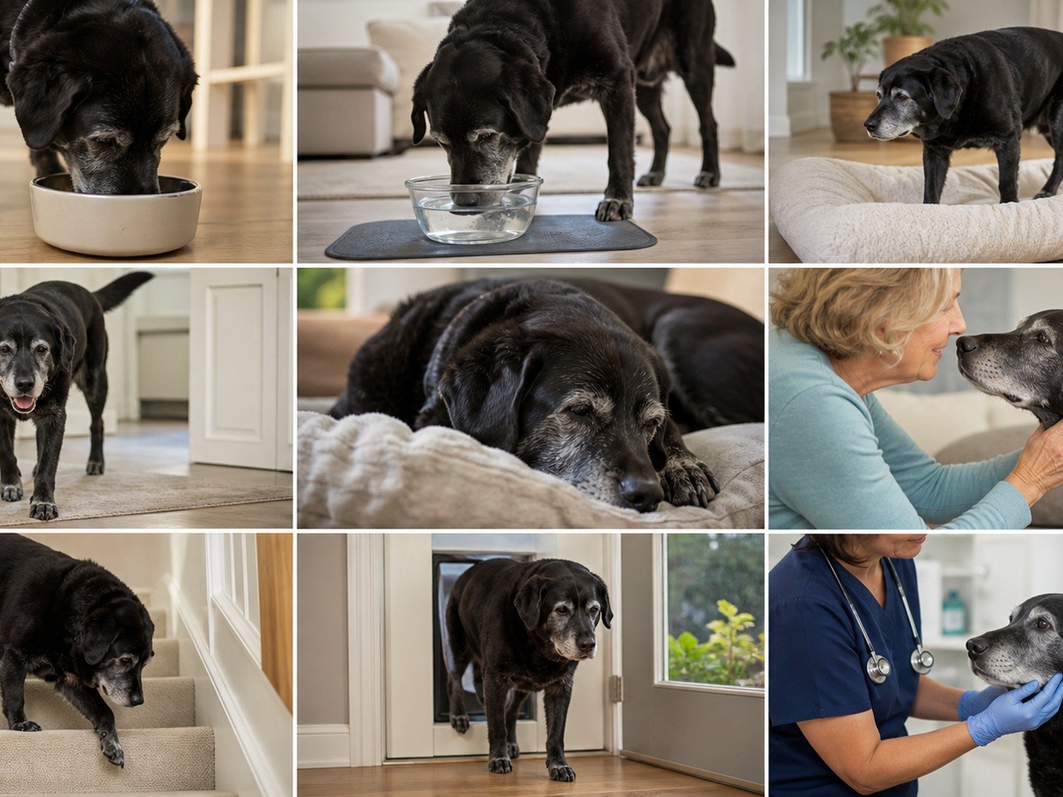 A text-free senior baseline shows the same dog eating, drinking, rising, walking, resting, interacting, navigating home, and receiving assessment.