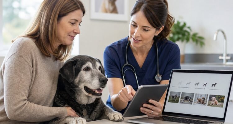 An owner and veterinarian review a neutral senior timeline and ordinary home video beside a comfortable gray-muzzled dog.