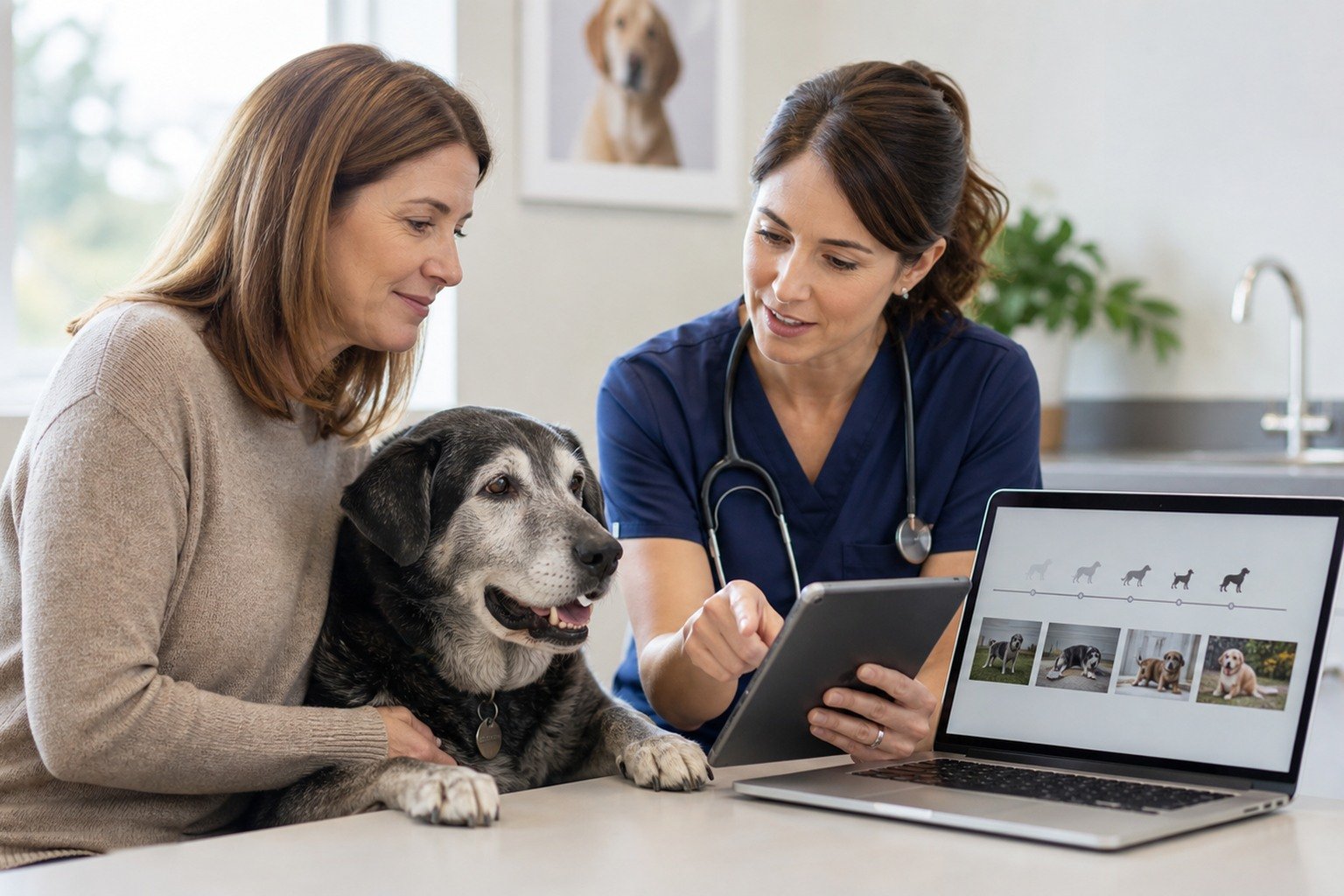 An owner and veterinarian review a neutral senior timeline and ordinary home video beside a comfortable gray-muzzled dog.