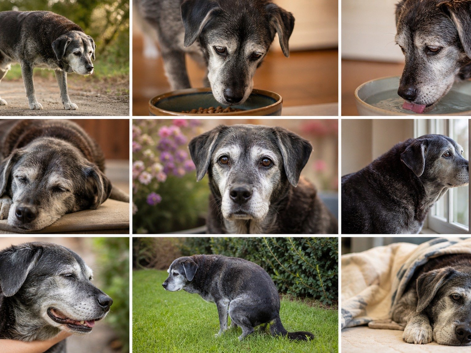 A text-free senior FAQ mosaic shows mobility, appetite, water, sleep, senses, behavior, grooming, elimination, and recovery.