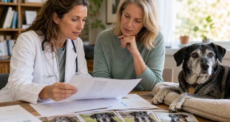 A veterinarian and owner compare neutral research pages and longitudinal photos beside an alert, comfortable senior dog.
