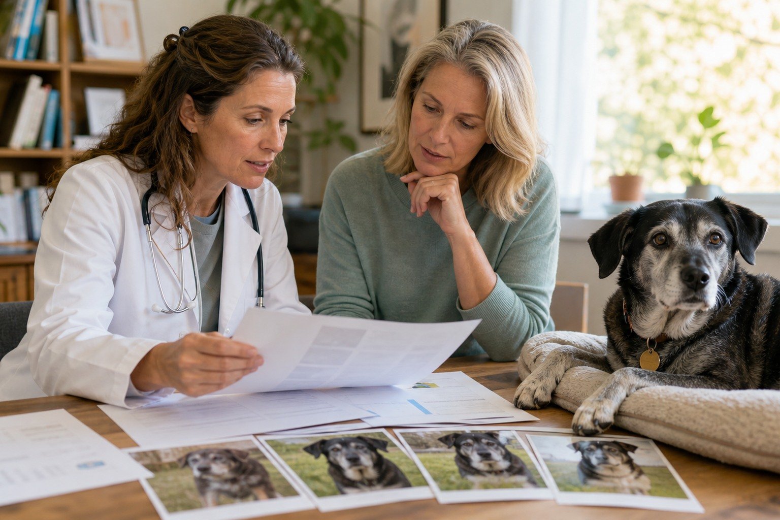 A veterinarian and owner compare neutral research pages and longitudinal photos beside an alert, comfortable senior dog.