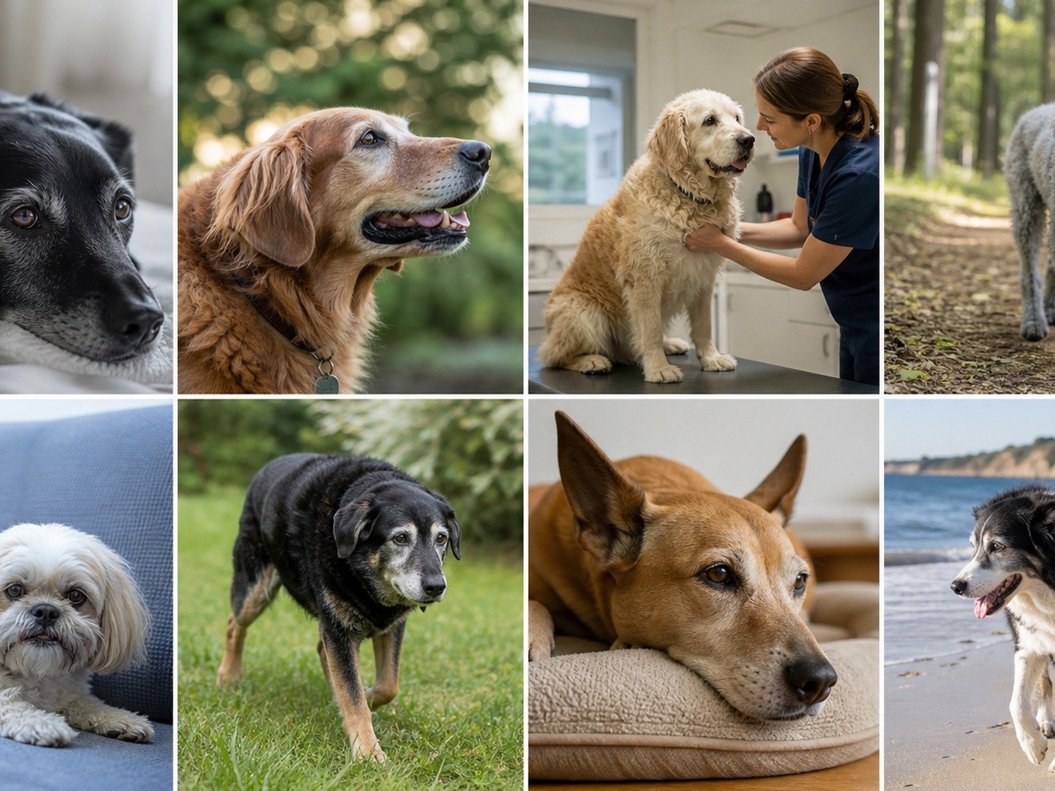 A text-free evidence grid shows senior dogs of different sizes in individualized routines, assessment, rest, and activity.