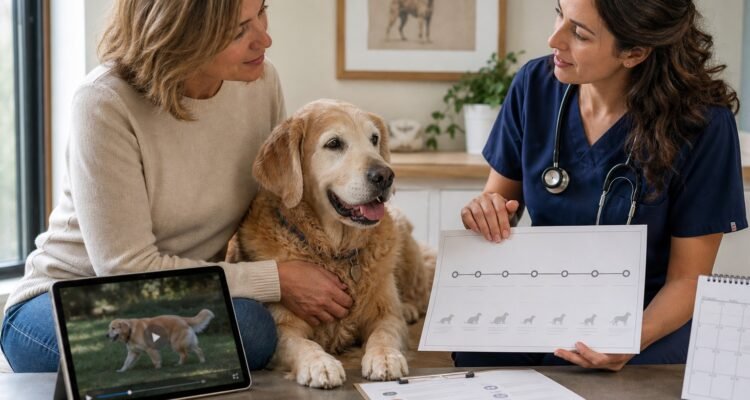An owner and veterinarian review a blank whole-dog timeline and natural movement video beside a comfortable senior dog.