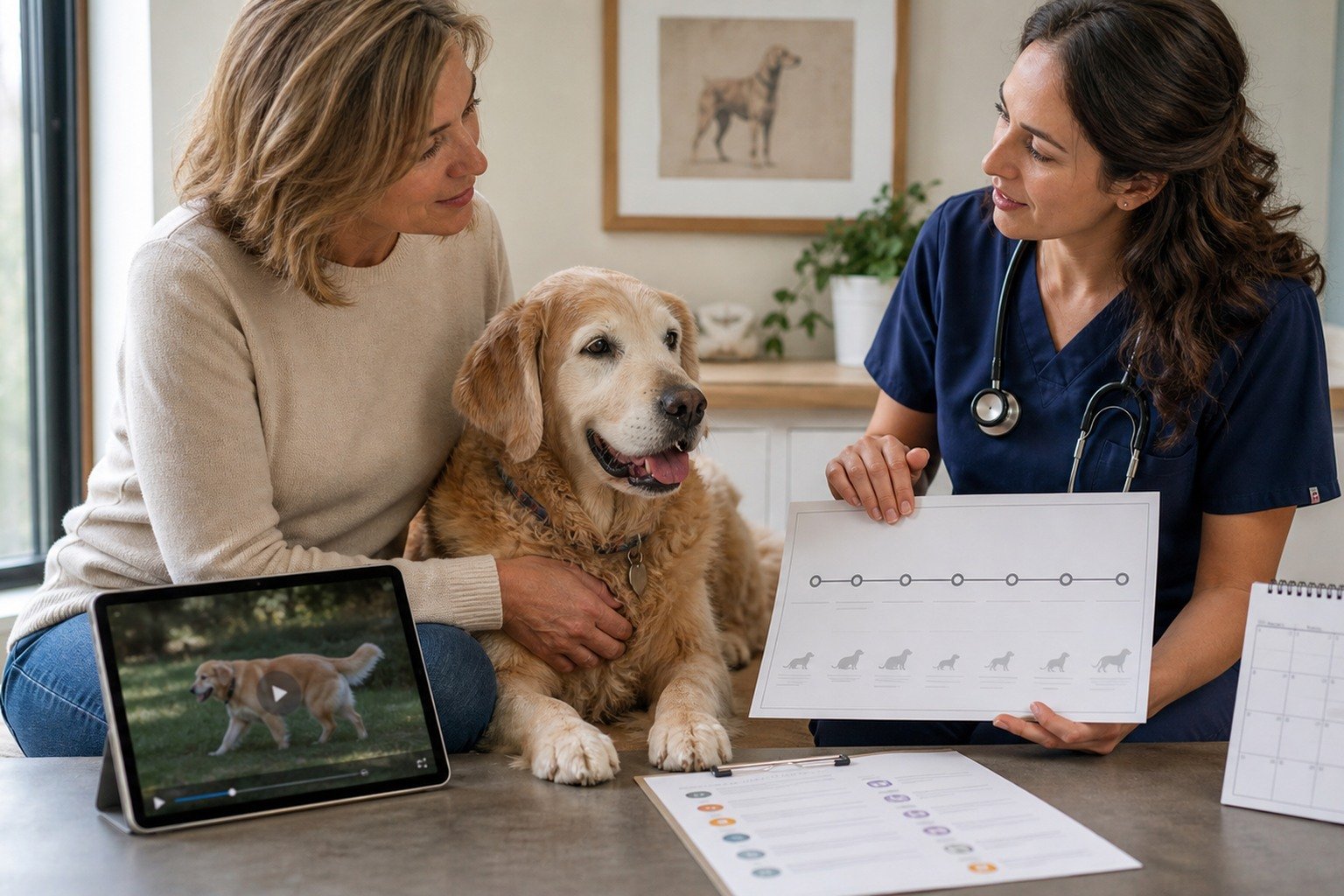 An owner and veterinarian review a blank whole-dog timeline and natural movement video beside a comfortable senior dog.