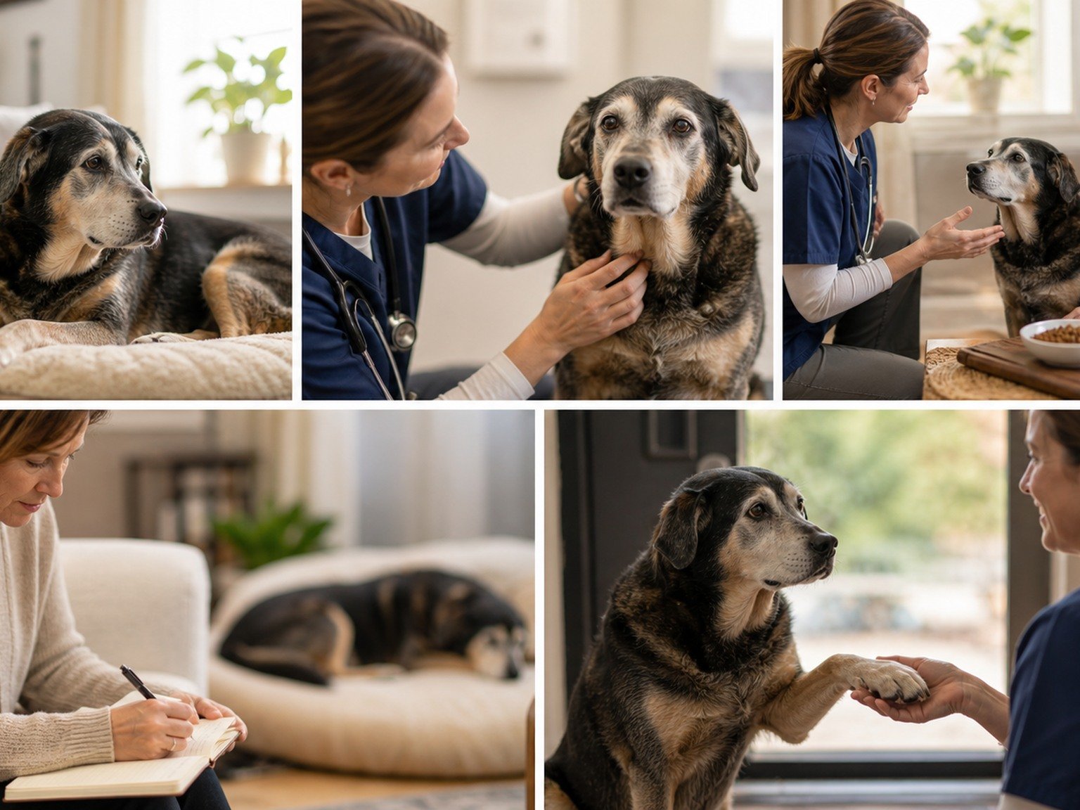 A text-free senior care pathway shows home observation, gentle examination, nutrition and mobility discussion, note-taking, and follow-up.