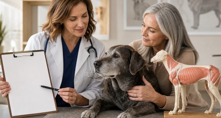 A veterinarian uses an unlabeled canine anatomy model while an older dog's owner listens beside the relaxed senior dog.