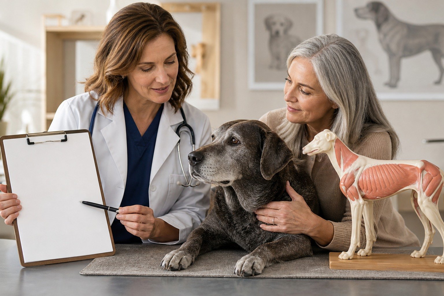 A veterinarian uses an unlabeled canine anatomy model while an older dog's owner listens beside the relaxed senior dog.