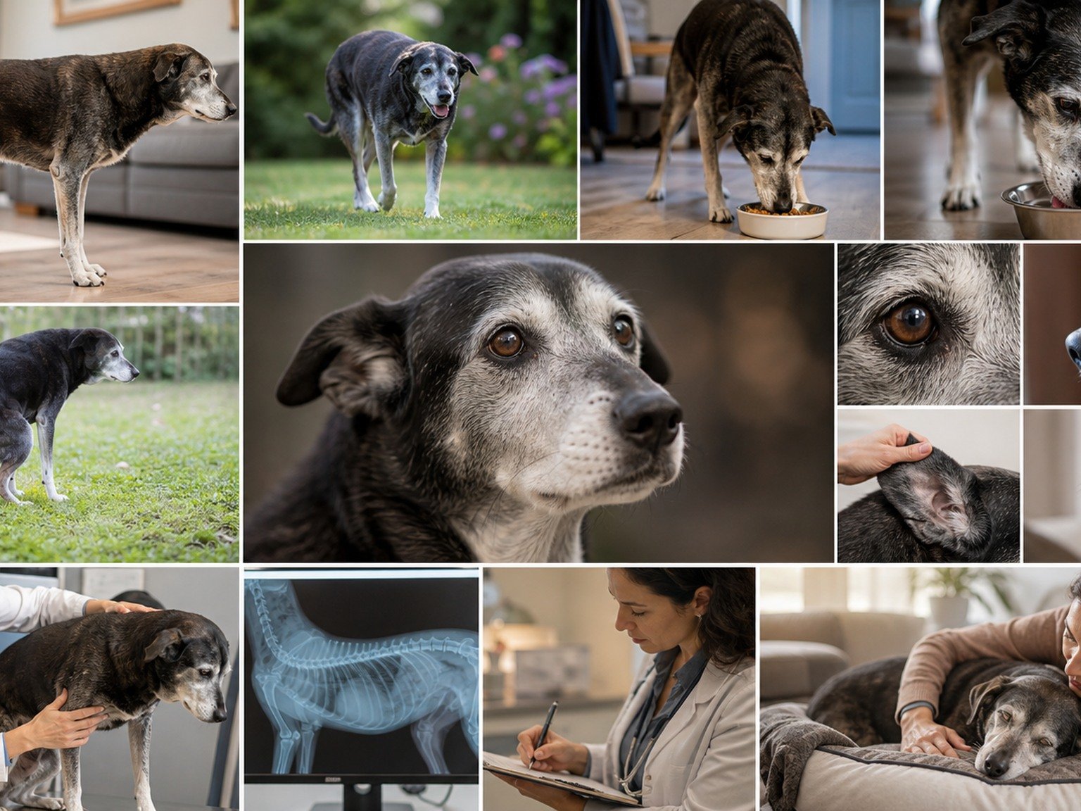 A text-free senior dog observation atlas shows posture, movement, eating, drinking, eyes, ears, rest, examination, imaging, and caregiver notes.