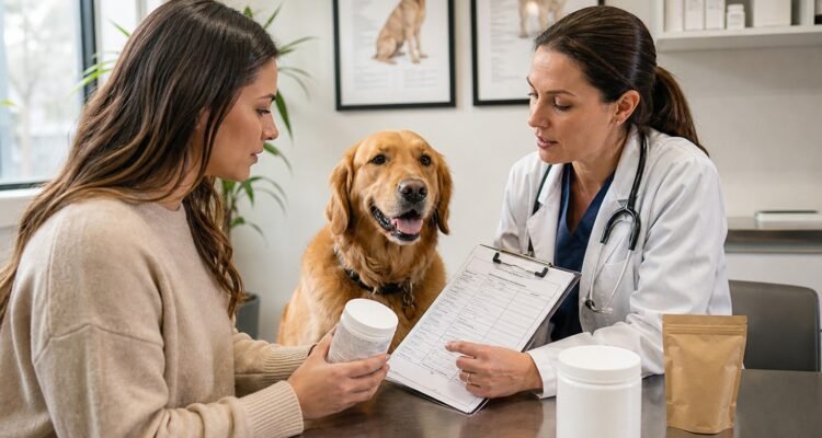 A first-time dog owner and veterinarian review an unlabeled product container, blank diet record, and health notes beside a relaxed dog.