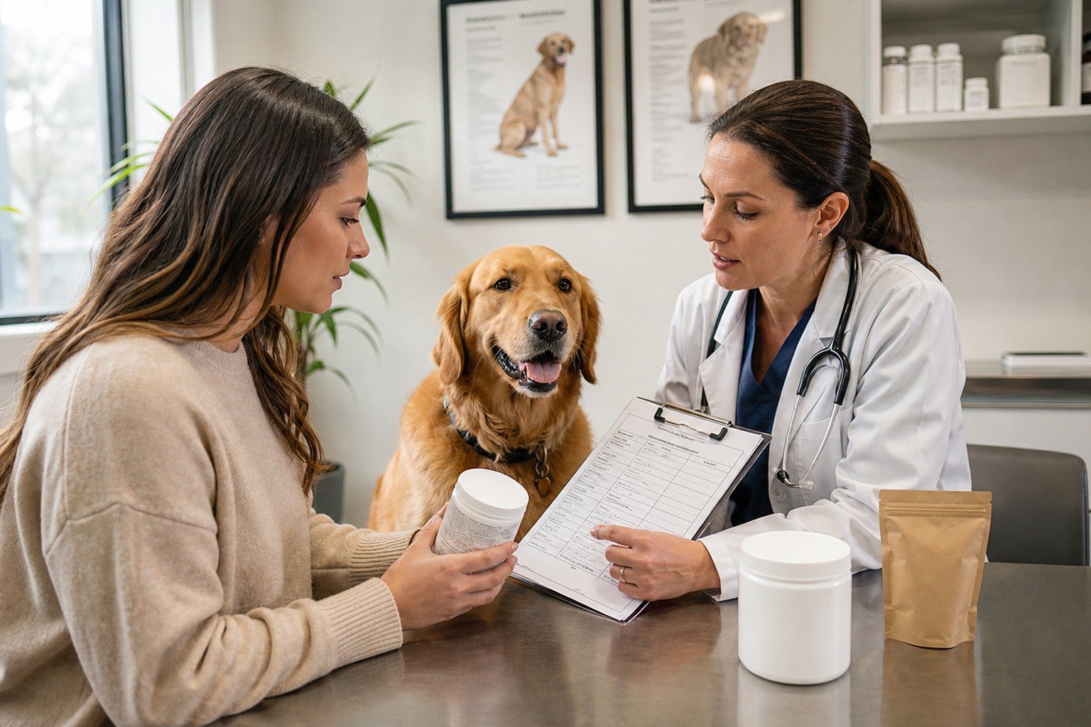 A first-time dog owner and veterinarian review an unlabeled product container, blank diet record, and health notes beside a relaxed dog.
