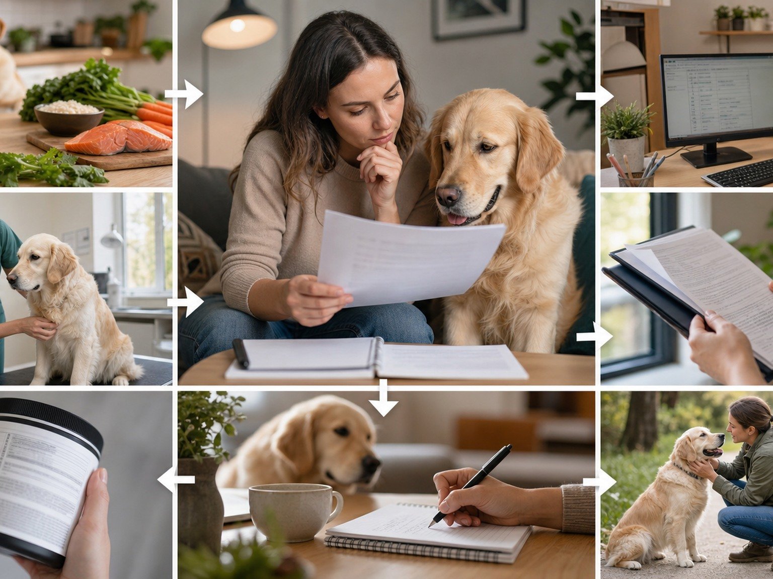 A text-free decision pathway shows complete food, owner records, label review, evidence on a screen, observation, and veterinary follow-up.