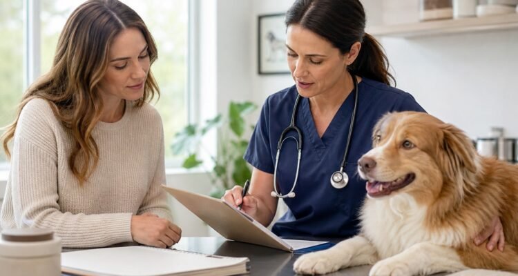 A dog owner and veterinarian review neutral health records beside a relaxed dog in a bright consultation room.