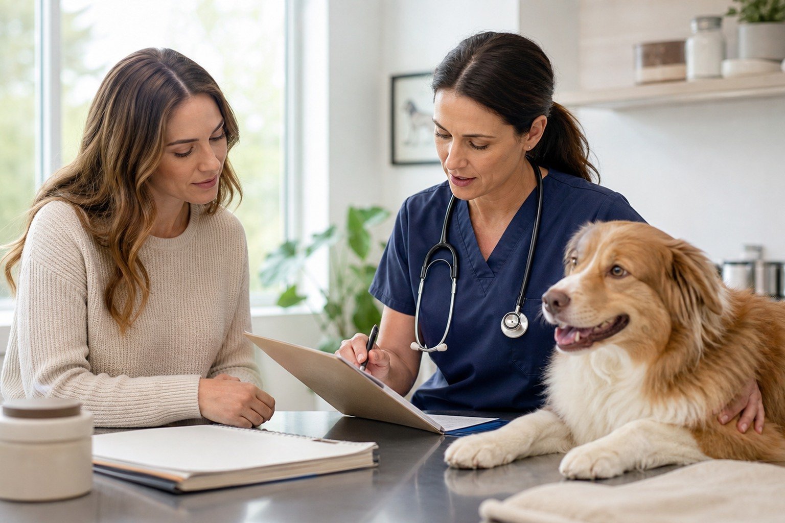 A dog owner and veterinarian review neutral health records beside a relaxed dog in a bright consultation room.
