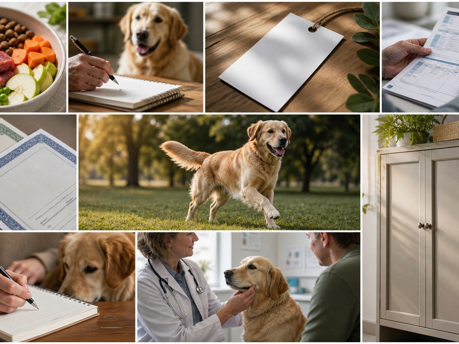 A text-free supplement FAQ pathway shows food context, owner notes, blank label paper, quality documentation, ordinary function, safe storage, and veterinary review.