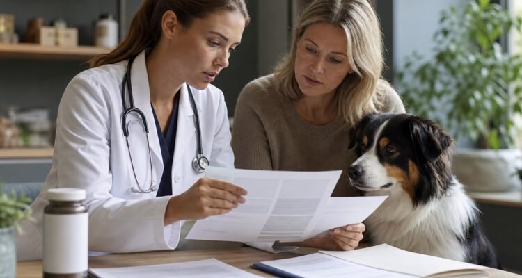 A veterinarian and owner examine neutral evidence documents beside a dog, with one unbranded container kept secondary to the discussion.