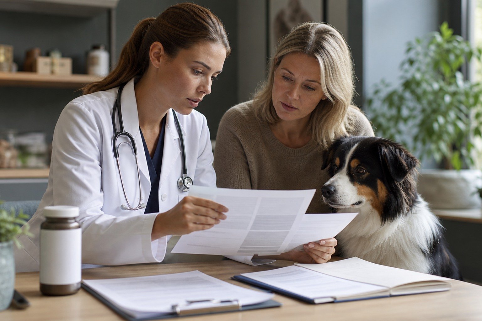 A veterinarian and owner examine neutral evidence documents beside a dog, with one unbranded container kept secondary to the discussion.