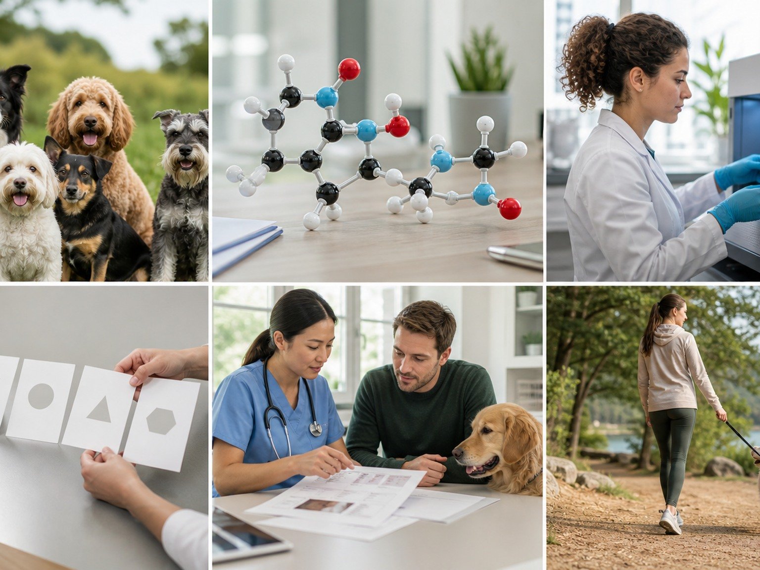 A text-free evidence montage shows diverse dogs, a molecular model, laboratory quality review, blinded sample cards, shared documents, and ordinary movement.